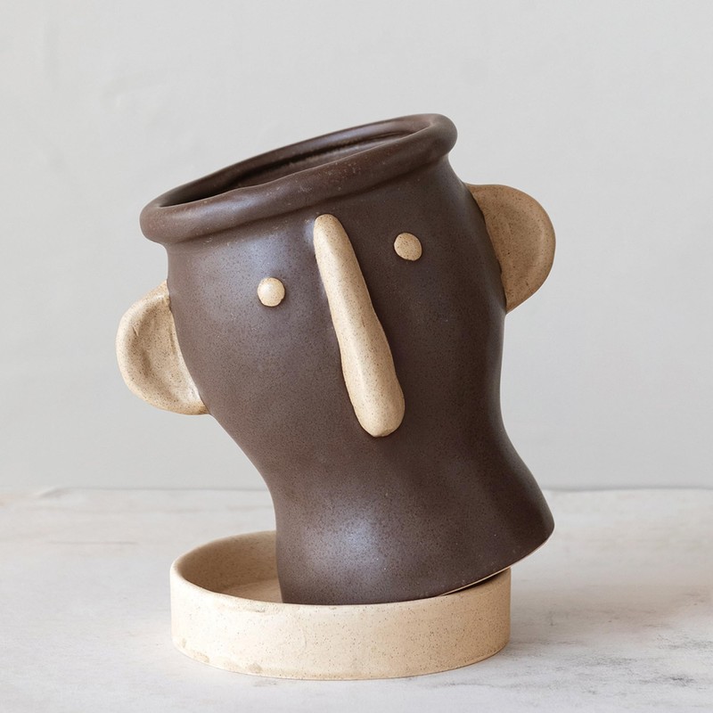 Creative Co-Op Stoneware Face Planter with Saucer, Brown & Cream