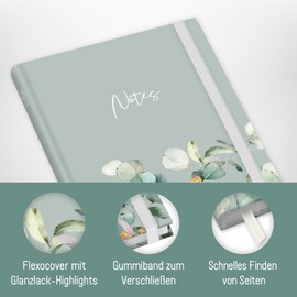 paper&you® Notebook Squared A6+ with Elastic Band "Minty Leaves" with 156 Pages, 78 Sheets - Notebook, Bullet Journal, Diary - Sustainable and Climate Friendly