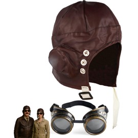 VINCAM Aviator 1940s Grandpa Style Biggles Pilot Hat + Steampunk Goggles Fancy Dress Accessory Set 40's Wartime Pilot Flying Helmet Great Escape Costume (Pilot Hat & Goggles)