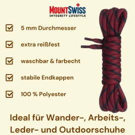 Mount Swiss© Round Laces for Trekking and Work Shoes, Extra Tear-Resistant, Diameter 5 mm, Length 70-220 cm, Polyester - Black - 150 cm