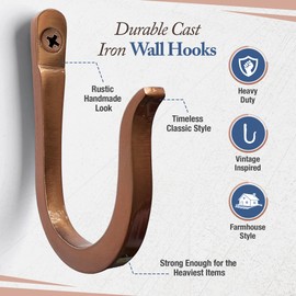 Antique Copper Railroad Spike Cast Iron Hooks (10 Pack) Handmade Blacksmith, Wall Mounted Decorative Hooks, PowderCoated for Interior or Exterior Use, Rust Proof for Hanging Coats, Bags or Pots