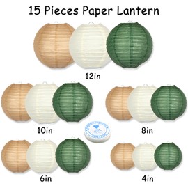 Green Round Chinese Paper Lanterns Decorative 15pcs Hanging Paper Lantern for Rustic Wedding Jungle Wonderland Themed Birthday Party Baby Shower