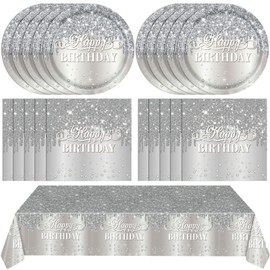LOIYSHINE 41PCS Happy Birthday Decorations Diamonds Silver Theme Birthday Party Decorations Silver Glitter Birthday Party Plates and Napkins Tablecloth for Men Women Birthday Party Supplies