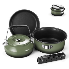 Odoland 5pcs Camping Cookware Non-Stick Camping Pot and Pan Set with Kettle and Removable Handle for Hiking Backpacking and Picnic