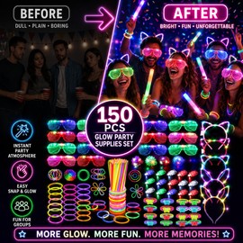 150-Piece Glow Party Favor Set for Night Events – Light Up Glasses, Headbands, Rings & Glow Sticks
