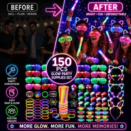 150-Piece Glow Party Favor Set for Night Events – Light Up Glasses, Headbands, Rings & Glow Sticks