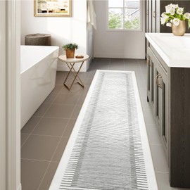 Wonnitar Washable Striped Runner Rug 2'6"x8', Non-Slip Berber Stripe Hallway Runner, Low Pile Minimalist Kitchen Runner Soft Floor Carpet Runner Rug for Bedroom Bathroom Hallway (Grey,2'6" x 8')