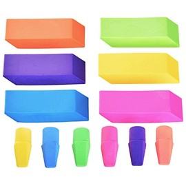 Emraw 6 Assorted Neon Color Pencil Bevel Eraser Rubber & Cap Top Set – Colors Included: Pink, Orange, Yellow, Green, Purple & Blue (6 Eraser & 6 Cap – 12-Pack)