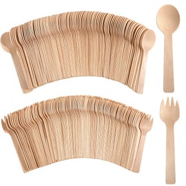 200 Count 4 Inch Mini Wooden Disposable Spoons and Forks Disposable Wooden Cutlery Set Birchwood Material Utensils Spoons Forks for Tableware Parties Weddings Camping Ice Cream Supplies
