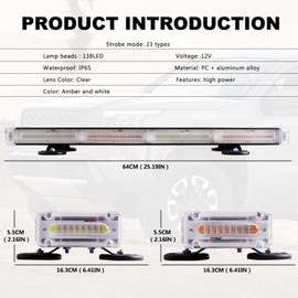Nrgedzam 138-LED Traffic Advisor Light Bar, High Intensity Emergency Strobe Safety Warning Flashing Beacon Strobe Lights with Magnetic for Trucks Construction Vehicles Tractor Van Pickup(Amber/White)