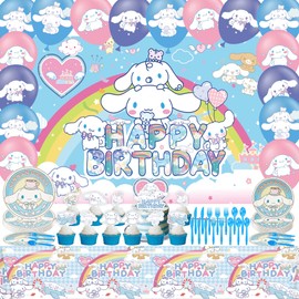 Cinnamoroll Birthday Party Decorations, Kawaii Birthday Decorations for Kids Include Cinnamoroll Plates, Tablecloth, Tableware, Cupcake Toppers, Balloons, Backdrop Kits Set