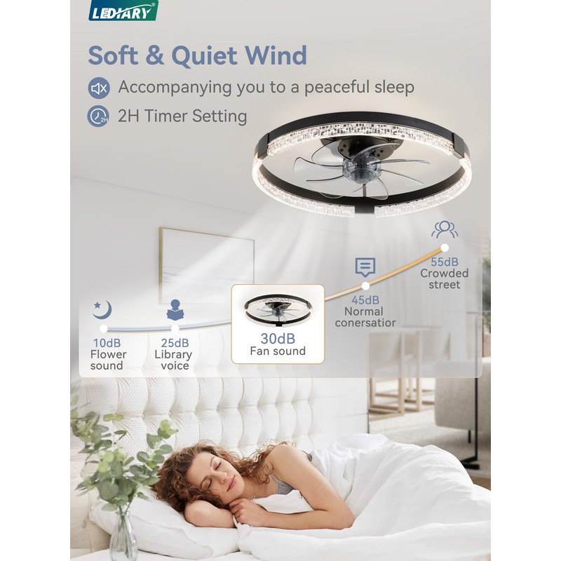 LEDIARY Flush Mount Ceiling Fans with Lights and Remote, 19.7''