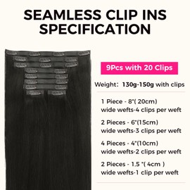Lashey Seamless Clip in Hair Extensions 9pcs 130g Real Human Hair Extensions, 16 Inch #1B Natural Black Remy Human Hair Extensions Clip in Real Human Straight Soft Hair