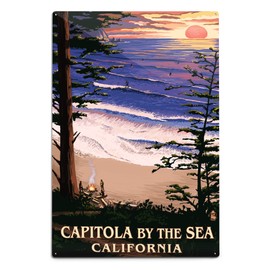 Capitola, California, Capitola By the Sea Sunset and Surfers (6x9 Aluminum Art, Indoor Outdoor Metal Sign Decor)