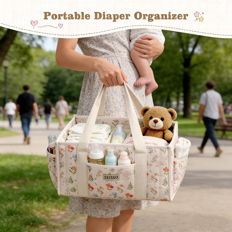 SEISSO Diaper Caddy Organizer with Handle, Portable Baby Gift Basket,