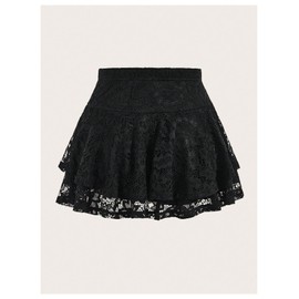 Verdusa Women's Plus Size Floral Lace Mini Skirts High Waist Pleated Ruffled Swing A Line Skirt Black 1XL