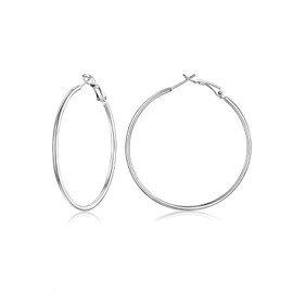 FOCALOOK Silver Hoops Earrings for Women 50mm Big Stainless Steel No Tarnish Thin Lightweight Round Circle Earrings