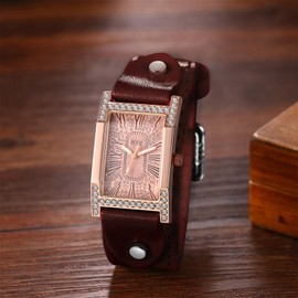 Avaner Women's Leather Square Watches: Retro Punk Wide Strap Rhinestones Analog Quartz Wrist Watches