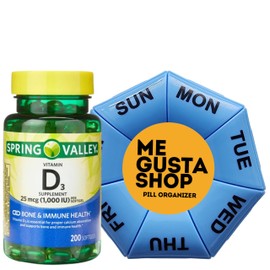Essential Nutrient Vitamin D3, 25 Mcg 1,000 IU Softgels Spring Valley, 200 Count, Dietary Supplement Includes Pill Organizer