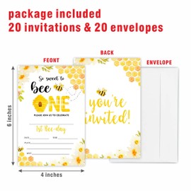 Sweet To Bee One! First Birthday Party Invitation, 1St Honey Bee Invite Cards（20 Count) With Envelopes, Fill In Style Invite Cards For Boys, Girls, Kids, Birthday Party Supplies-A30