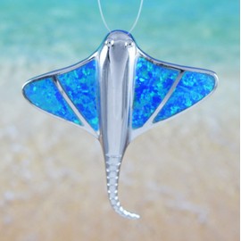 Unique Gorgeous Hawaiian Large Blue Opal Stingray Necklace, Sterling Silver Opal Sting Ray Pendant, N6154A