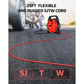 DEWENWILS Extension Cord Reel with 25 FT Power Cord, Hand Wind Retractable, 16/3 AWG SJTW, 4 Grounded Outlets, 13 Amp Circuit Breaker, Red, Red Cord, UL Listed