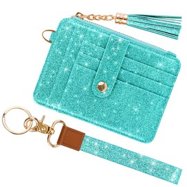 Simikol Slim Zipper Credit Card Holder with Keychain Wristlet Small RFID Glitter Leather Wallet with ID Window for Women,Tiffany