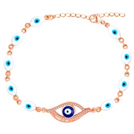 Oneress Rose Gold Evil Eye Protection Bracelet, Elegant White-Blue Enamel Link Chain Blessing Bracelet with Brass Eye Design Bracelet Gift for Women YA4894