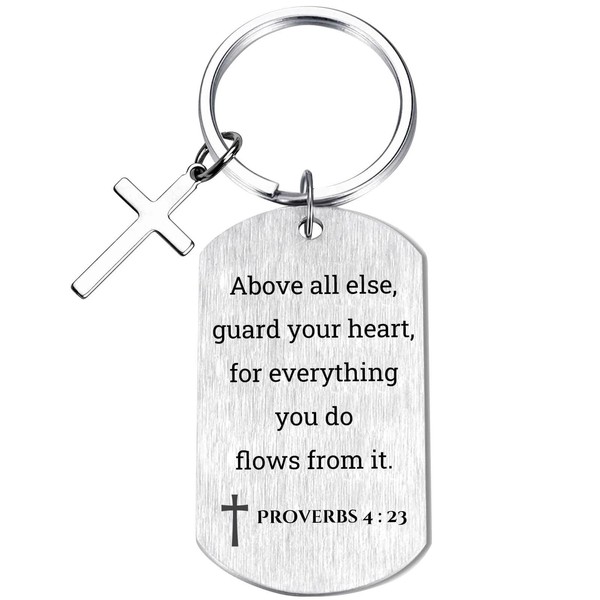 Proverbs 4:23 Inspirational Scripture Keychain with Cross - Bible Verse
