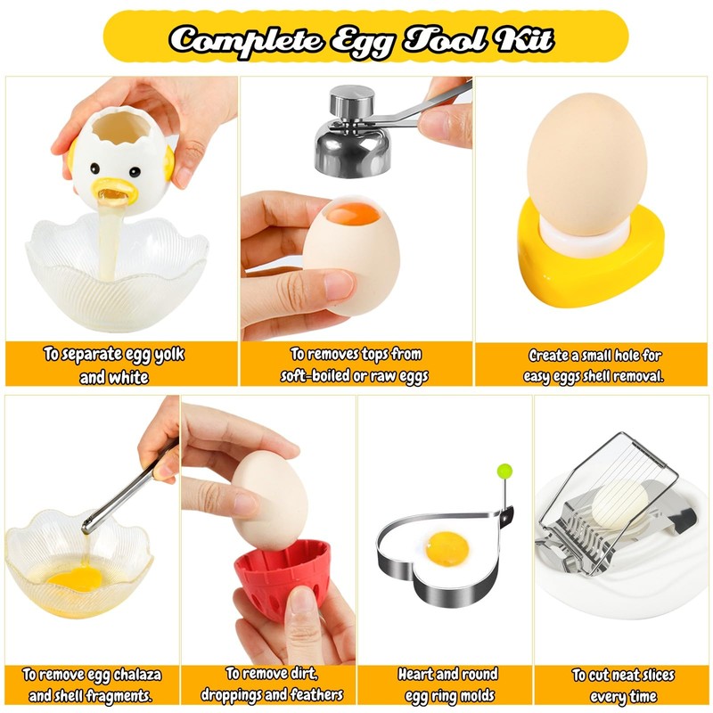 10-in-1 Egg Tool Set:1 Chalaza Remover Tongs,2 Piercers,2 Fry Rings,2