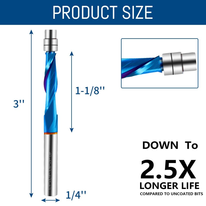 LudoPam Downcut Spiral Flush Trim Router Bit,1/4 Shank Carbide Spiral