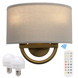 Yosoan Battery Operated Linen Fabric Boho Wall Sconce, 2-Light Vintage Wireless Dimmable Lights with On Off Rechargeable Bulbs with Remotes Control, 15 Colors Mode Wall Lamp for Bedroom Stairwell