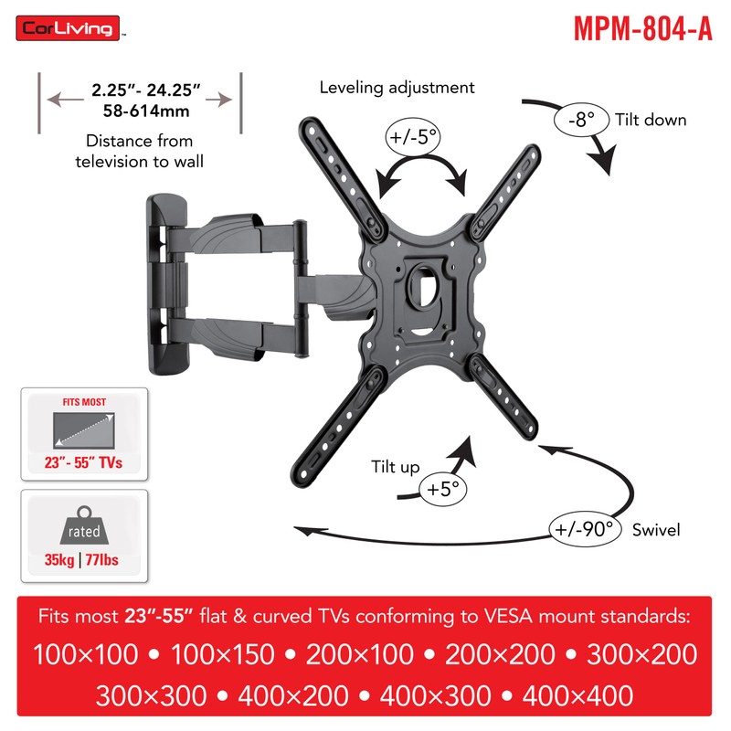 CorLiving Black Metal Full-Motion X-Frame Wall Mount for TVs up