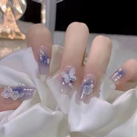 SensaBliss Nail Tips, Short, Purple, 24 Pieces, Butterfly, Pearl, Flower, 3D, Glitter, Popular, Cute, False Nails, Wedding Nails, For Coming-of-Age Ceremony/Entrance Ceremony/Graduation Ceremony