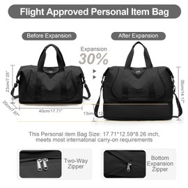 Expandable Travel Duffle Bags Weekender Overnight Bags for Women with Shoes Compartment, Personal Item Carry on bag for Women for Airplanes Travel Business Trips, Black