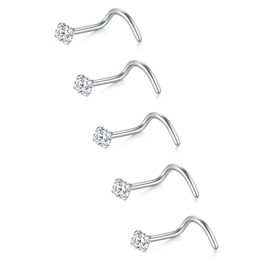 VFUN 22 Gauge 20Gauge Nose Stud L Shaped Straight Bone Screw Nose Ring Stainless Steel Sterling Silver Nose Studs for Women Clear Diamond CZ 1.5/2/2.5/3MM Corkscrew