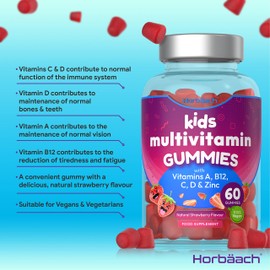 Multivitamin for Kids | 60 Vegan Gummies | 14 Essential Nutrients | with Vitamin A, B12, C, D & Zinc | Natural Strawberry Flavour | by Horbaach