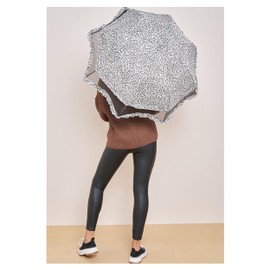 Leopard Seethrough Frill Fancy Long Stick Umbrella for Sun and Rain Party Event (Gray)