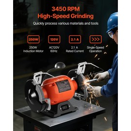 VEVOR Bench Grinder, 6-inch Single Speed Bench Grinder, 3450RPM High-Speed Table Grinders with 250W 2.1A 1/3Hp Induction Motor, 36/60-Grit Grinding Wheels & LED Work Light for Fast Sharpening Grinding