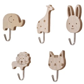 Wooden Animal Wall Hooks, 5pcs Animal Theme Decorations Hooks Cats, Lions, Rabbits, Giraffes, Elephant Shape Hooks Wood Hooks for Kids Room Nursery Bedroom Decor
