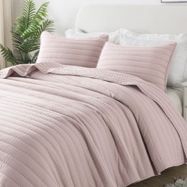 ROARINGWILD California Cal King Size Quilt Bedding Sets with Pillow Shams, Pink Oversized Lightweight Soft Bedspread Coverlet, Quilted Blanket Thin Comforter Bed Cover for All Season