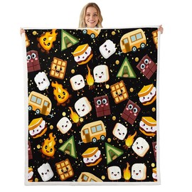 jejeloiu Cute S'Mores Fleece Throw Blanket for Bed Sofa Couch Marsh Mallow Cookie Plush Blanket 40"x50" Cartoon Camping Car Sherpa Blanket Room Decorations Black Fuzzy Blanket Flannal Blanket