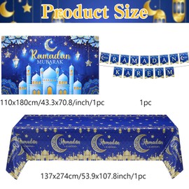 Ramadan Kareem Mubarak Party Decorations Backdrop Banner Tablecloths Eid Al FITR Black Gold Background for Islamic Muslim Family Gatherings Accessories Mosque Theme Party Supplies (Blue)