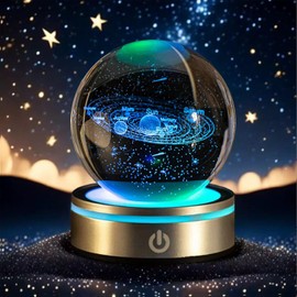 QIANCHANG 3D Solar System Crystal Ball with LED Stand, 80mm Laser Engraved Glass Sphere Decorative Balls Paperweight, Galaxy Model Space Universe Globe Astronomy Gifts