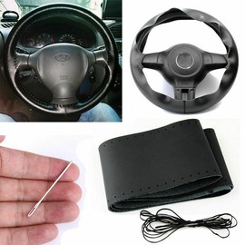 SHENKENUO Black Genuine Leather Steering Wheel Cover Wrap Sew-on 14.5"-15" Kit For Car