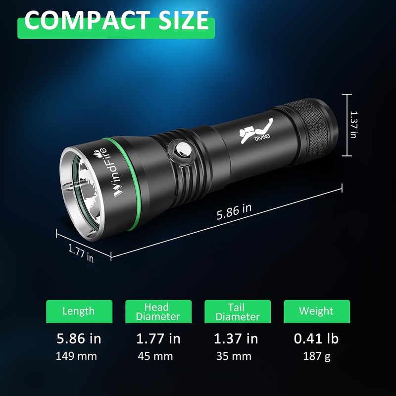 WINDFIRE Rechargeable Scuba Diving Flashlight, Super Bright LED Dive Light,