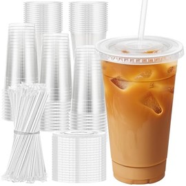 Lamosi 100 Pack 24 oz Clear Plastic Cups with Lids and Straws, Disposable Iced Coffee Cups with Lids for To-Go Cold Drinks, Smoothies and Slushie