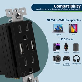 TOPGREENER USB Outlet, 3-Port Type C 3.6A 18W USB Wall Outlet, 15 Amp Tamper-Resistant Receptacle Plug, Charging Power Outlet with USB Ports, UL Listed, TU21536AC3-BK-2PCS, Black, 2 Pack