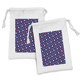 Ambesonne Navy Blue Fabric Pouch Set of 2, American Flag Inspired Patriotic Design with the Stars Image, Small Drawstring Bag for Toiletries Masks and Favors, 9" x 6", Dark Blue White