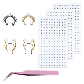 Fake Face Gems Fake Piercings, Fake Septum Ring 540 Fake Peircing 4 Fake Nose Stud Ball Spike Self-Adhesive Face Sticker Clip On Septum Nose Ring Punk Y2k Eyebrow Piercing Fake Septum Hoop Jewelry